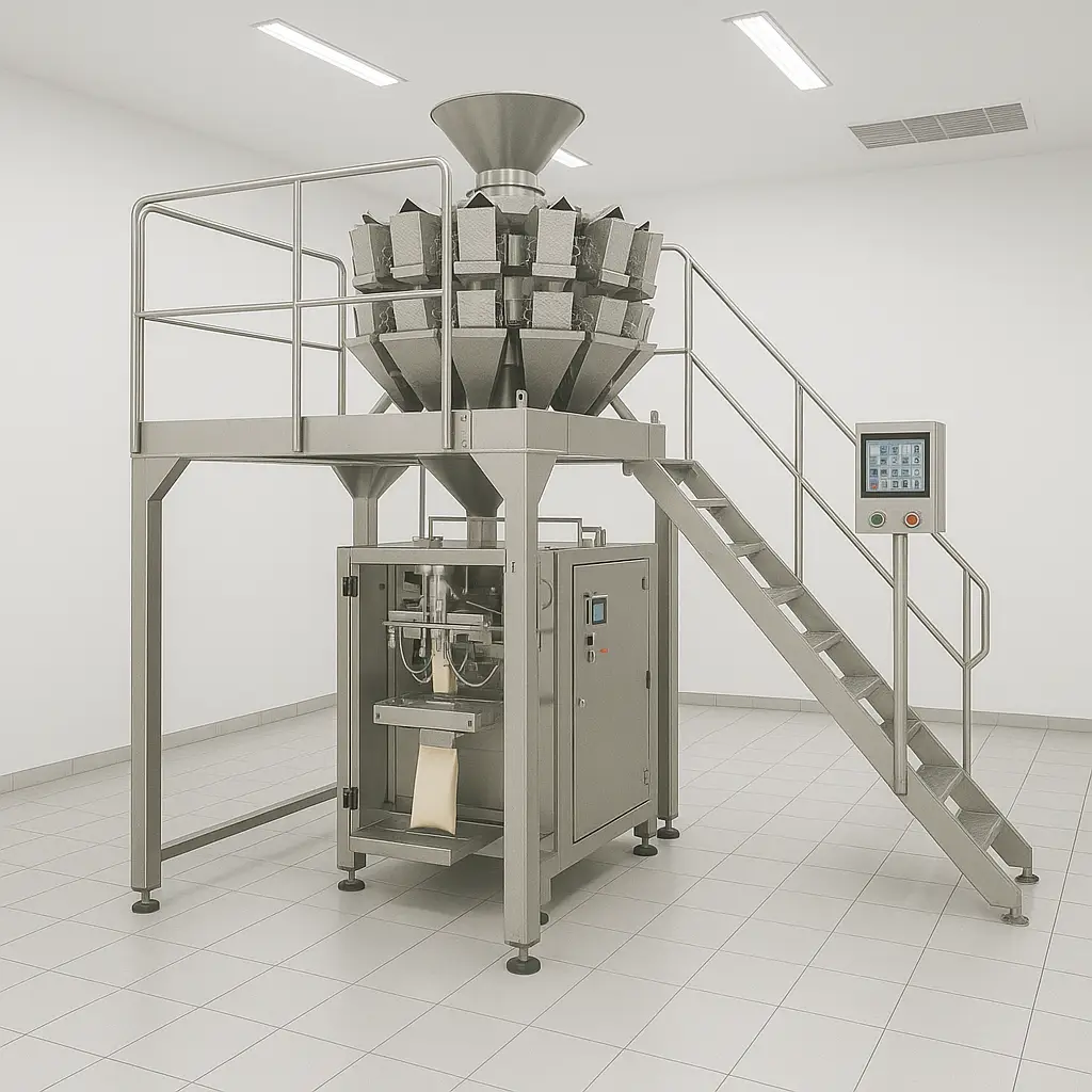 Mehrkopfwaage 3 Mehrkopfwaage auf einer Plattform über einer Beutelmaschine in einem hellen Produktionsraum
