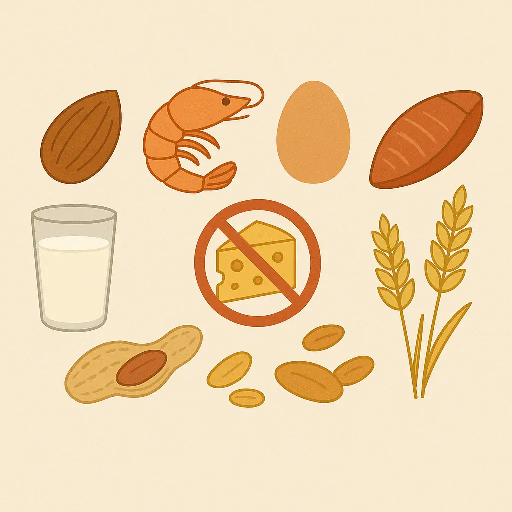 Allergene - Nahrungsmittel 2 Illustration allergener Lebensmittel: Mandel, Garnele, Ei, Milch, Käse, Weizen und Erdnüsse
