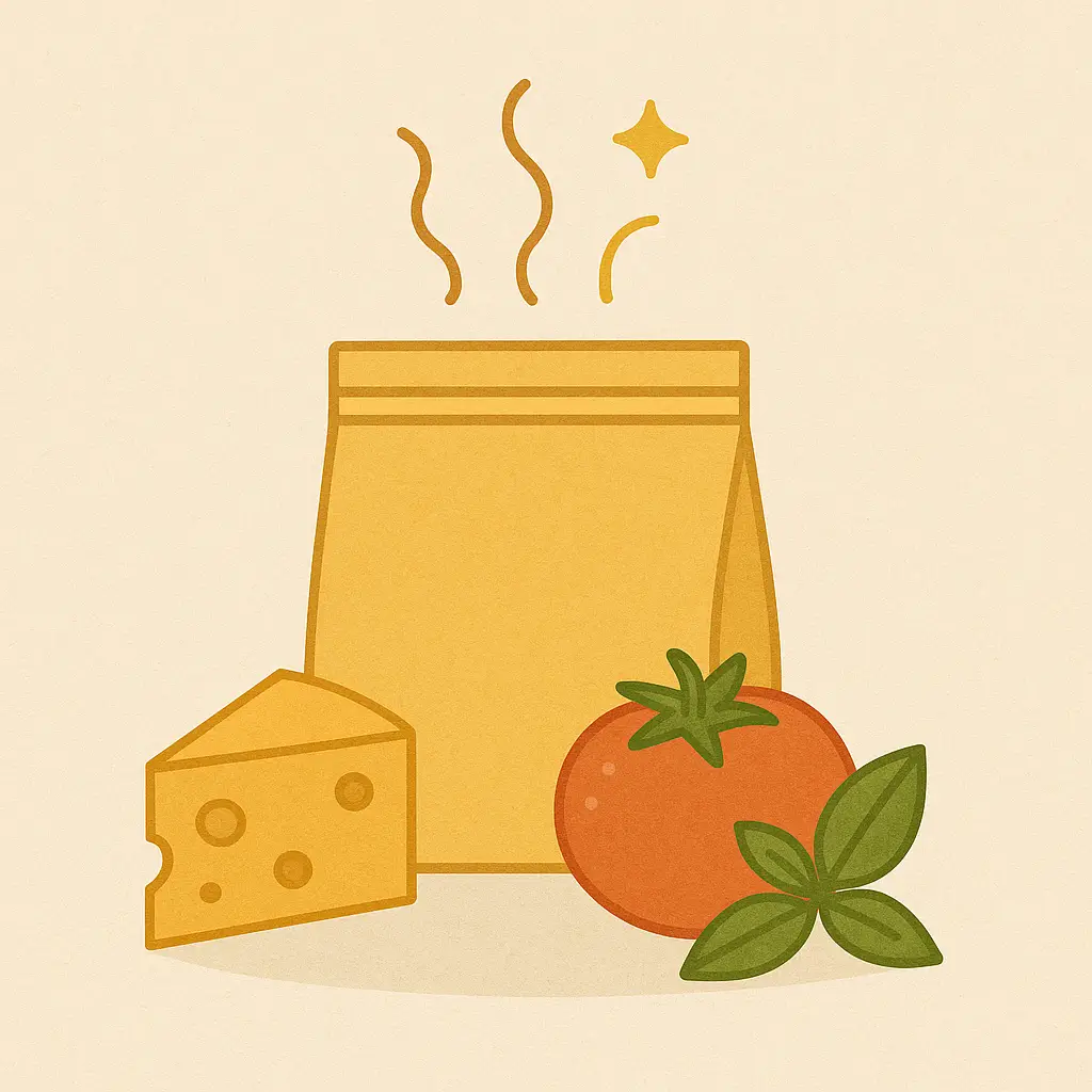 Aromaschutz 3 Illustration: Beutel mit aufsteigenden Aromen, daneben Käse, Tomate und Basilikum