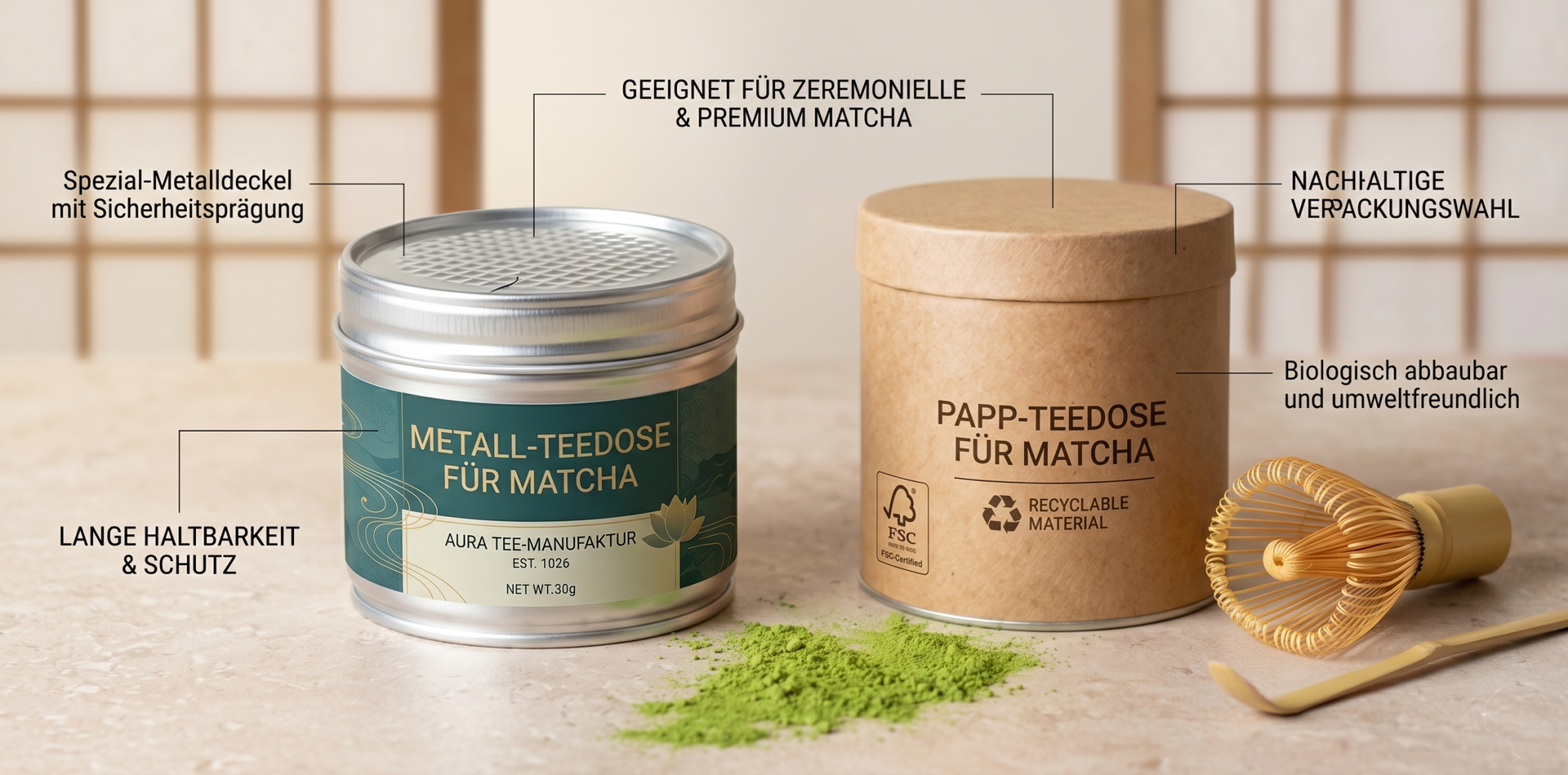 Matcha-Dosen für Lebensmittel — Metalldose und Pappdose mit Alu-Inliner, Verpackung und Lohnabfüllung bei OH!S