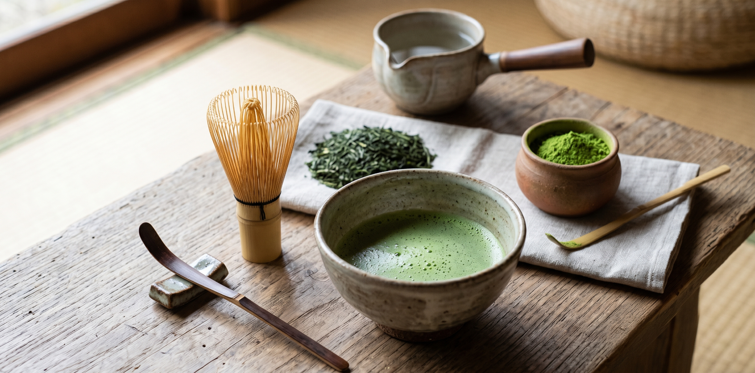 Matcha Tee Rohstoff — Chawan mit aufgeschlagenem Matcha, Chasen (Bambusbesen), gemahlenes Matchapulver und getrocknete Teeblätter auf rustikalem Holztisch