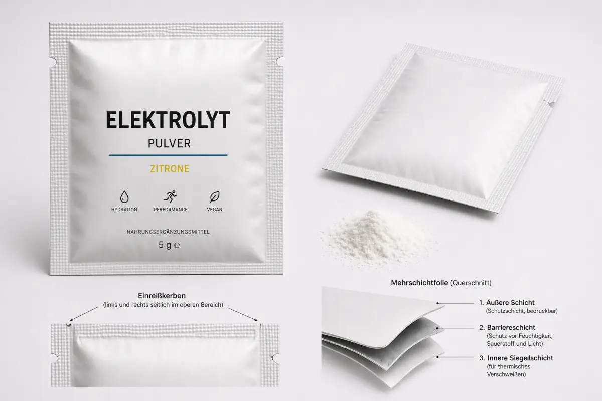 Aufbau eines Sachets — Schichtstruktur mit Trägermaterial, Barriere-Shield und Siegelschicht, Beispiel Elektrolyte-Sachet von OH!S