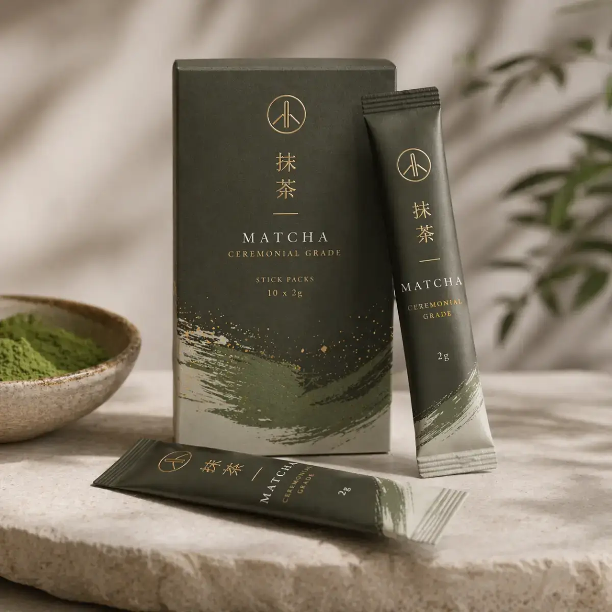 Stickpack für Matcha Tee — schlanke Einzelportion mit Alu-Barriere und N₂-Schutz, Lohnabfüllung bei OH!S
