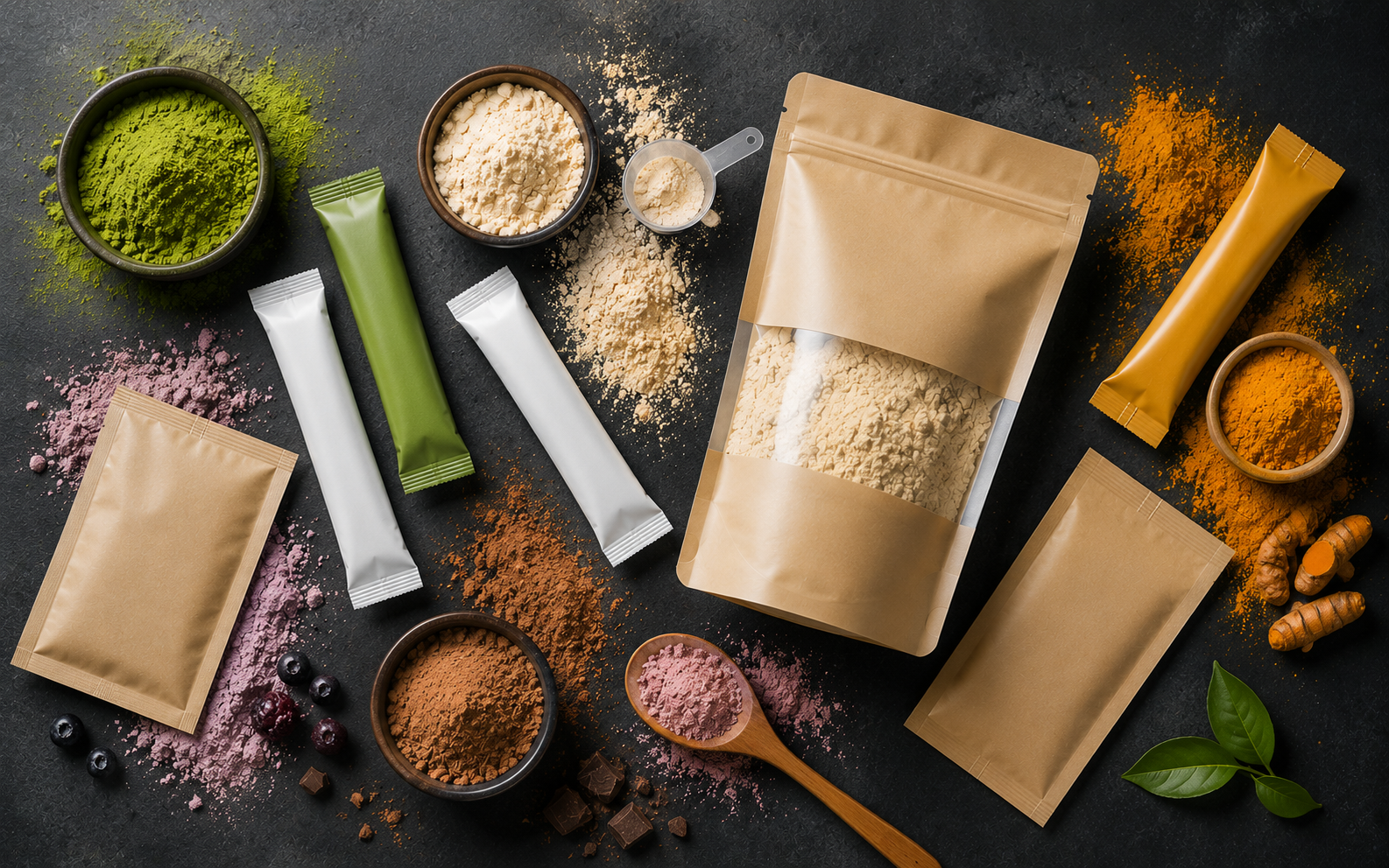 Lohnabfüllung Pulver bei OH!S GmbH — Sachets, Stickpacks und Doypacks mit verschiedenen Pulvern auf Produktionsfläche