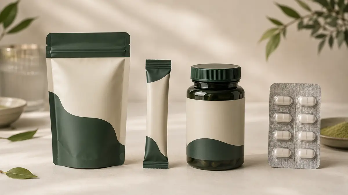 Formate einer Primärverpackung für Nahrungsergänzungsmittel: Doypack, Stickpack, Dose und Blister