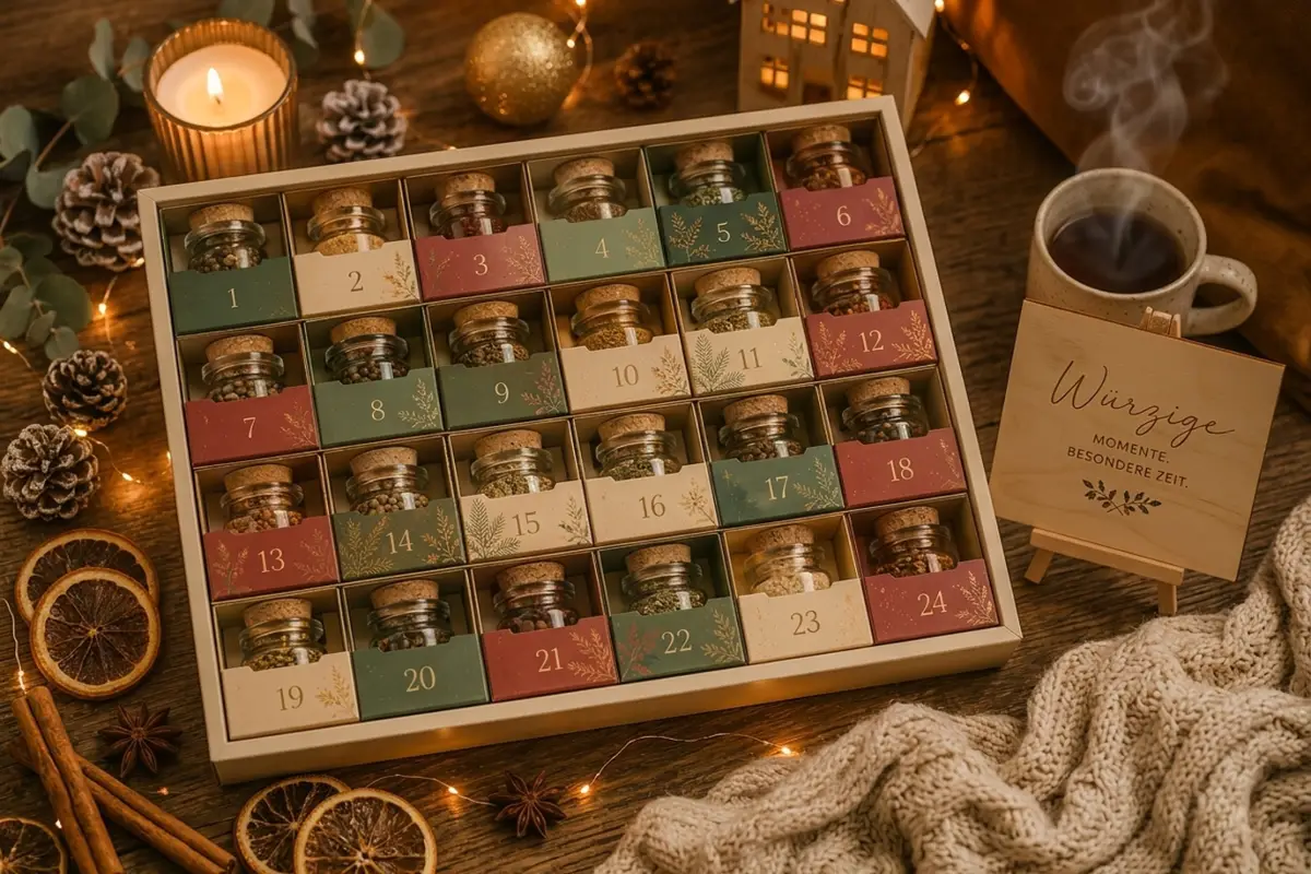 Gewürz-Adventskalender mit 24 befüllten Glasdöschen – Beispiel für einen Adventskalender, den Sie bei OH!S herstellen lassen