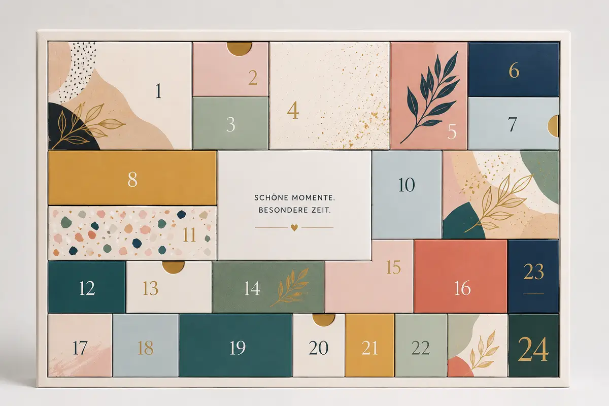 Moderner Design-Adventskalender mit 24 verschieden großen Türchen in Pastell- und Erdtönen – konfektioniert und bestückt von OH!S