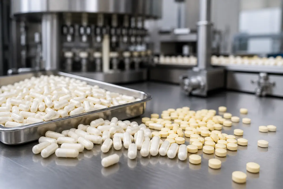 Biotin-Kapseln und -Tabletten als fertige Nahrungsergänzungsmittel in der Lohnabfüllung