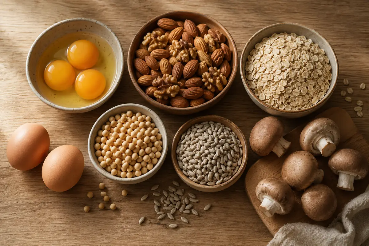 Natürliche Biotin-Quellen: Eier, Nüsse, Haferflocken, Sojabohnen und Pilze auf einem Holztisch