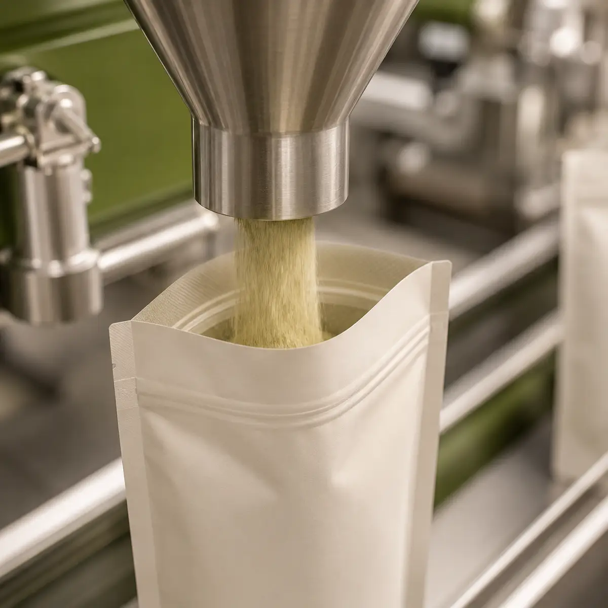 Pulver wird in einen Standbodenbeutel dosiert – Produkteigenschaften bestimmen die Doypack-Abfüllung