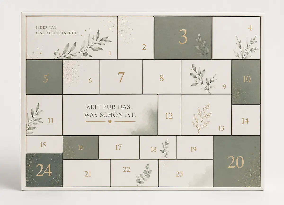 Eleganter Adventskalender in Salbeigrün und Creme mit Eukalyptus-Motiven und Goldzahlen – Event- und Geschenk-Kalender von OH!S