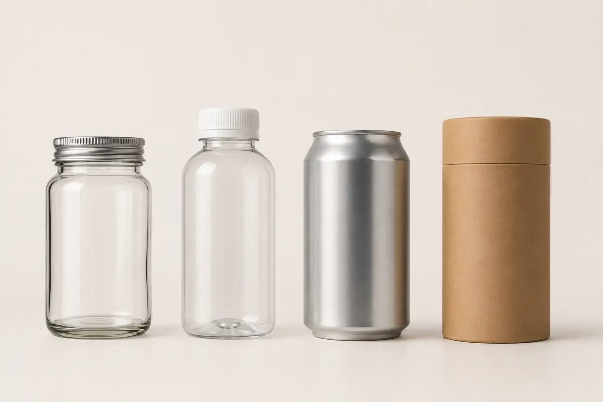 Materialien für Primärverpackungen: Glas, Kunststoff, Metall und Karton nebeneinander