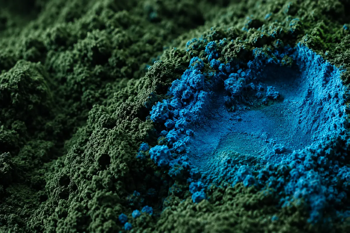 Spirulina-Pulver mit blauem Phycocyanin – Makroaufnahme des Rohstoffs