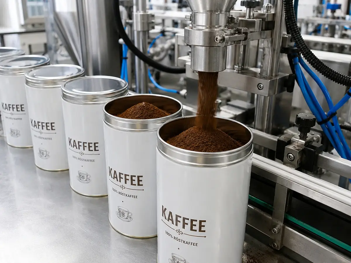Kaffeedosen aus Wei&szlig;blech mit gemahlenem R&ouml;stkaffee bei der Lohnabf&uuml;llung