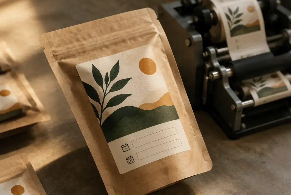 Chargennummer 2 Etikett mit freien Feldern für Charge und Datum auf einem Kraftpapier-Doypack, daneben eine Etikettiermaschine