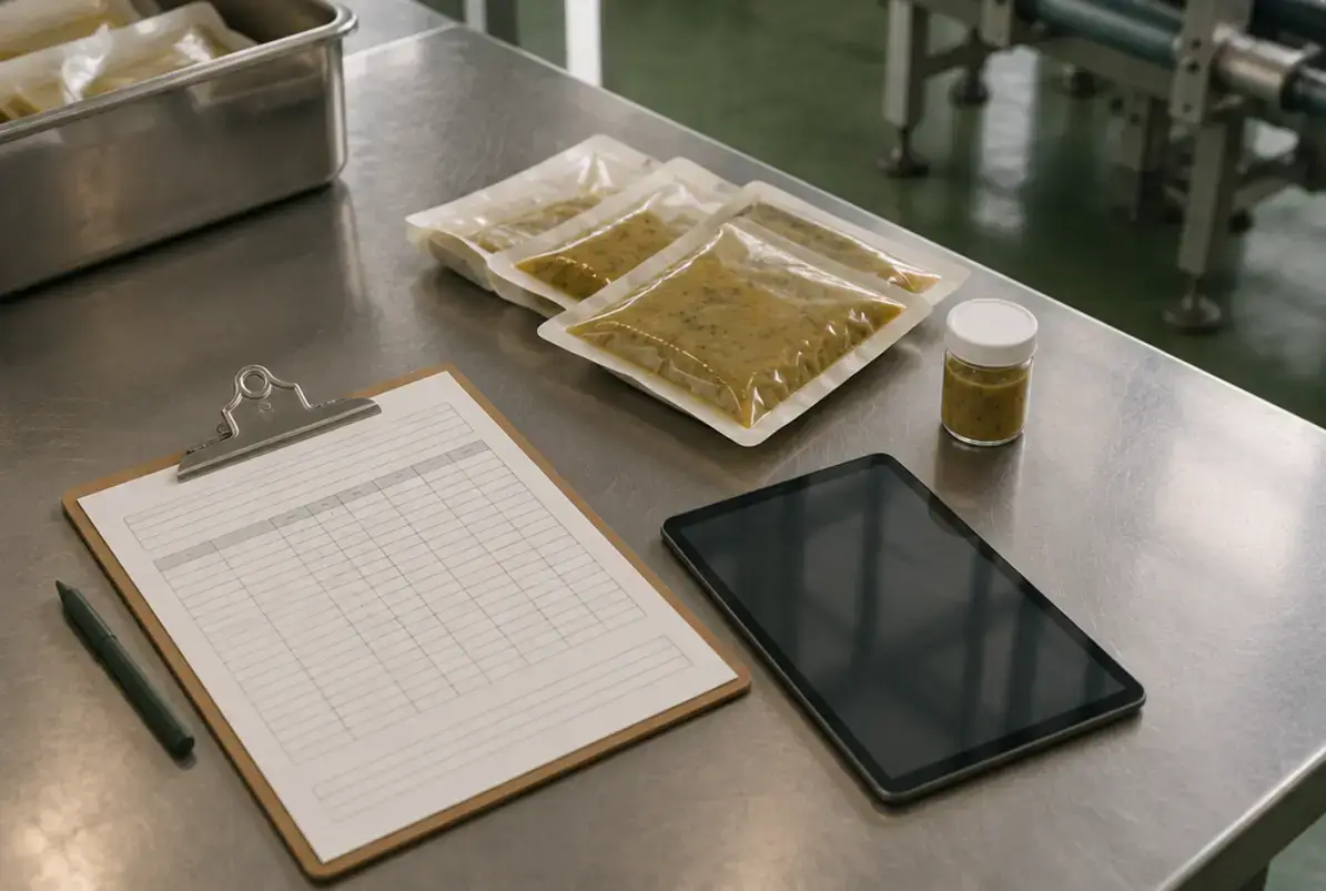 Chargennummer 4 Prüfformular auf Klemmbrett, Tablet und Muster gefüllter Beutel auf einem Edelstahltisch