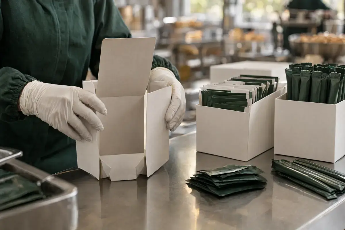 Faltschachtel 4 Hände richten eine weiße Kartonschachtel mit Automatikboden auf, daneben befüllte Schachteln mit Sachets und Stickpacks