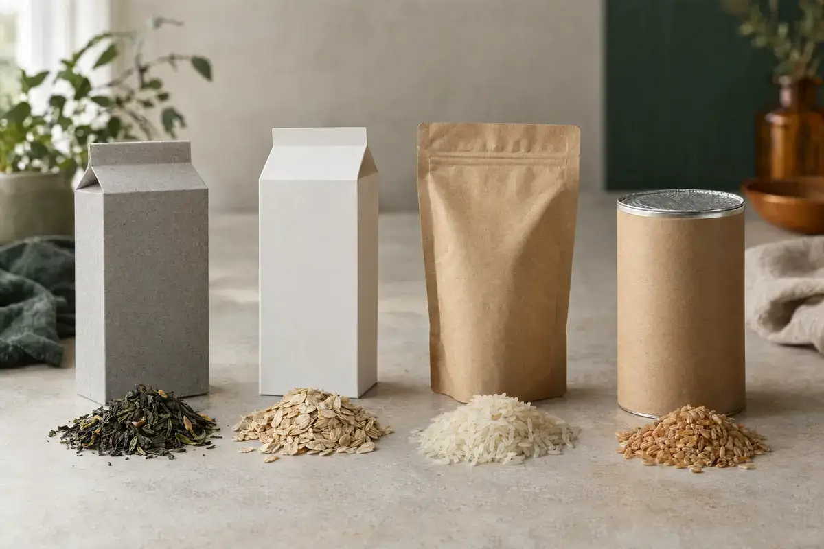 MOSH MOAH 3 Vergleich von Recyclingkarton, Frischfaserkarton, Kraftbeutel mit Innenfolie und Pappdose mit Folienmembran