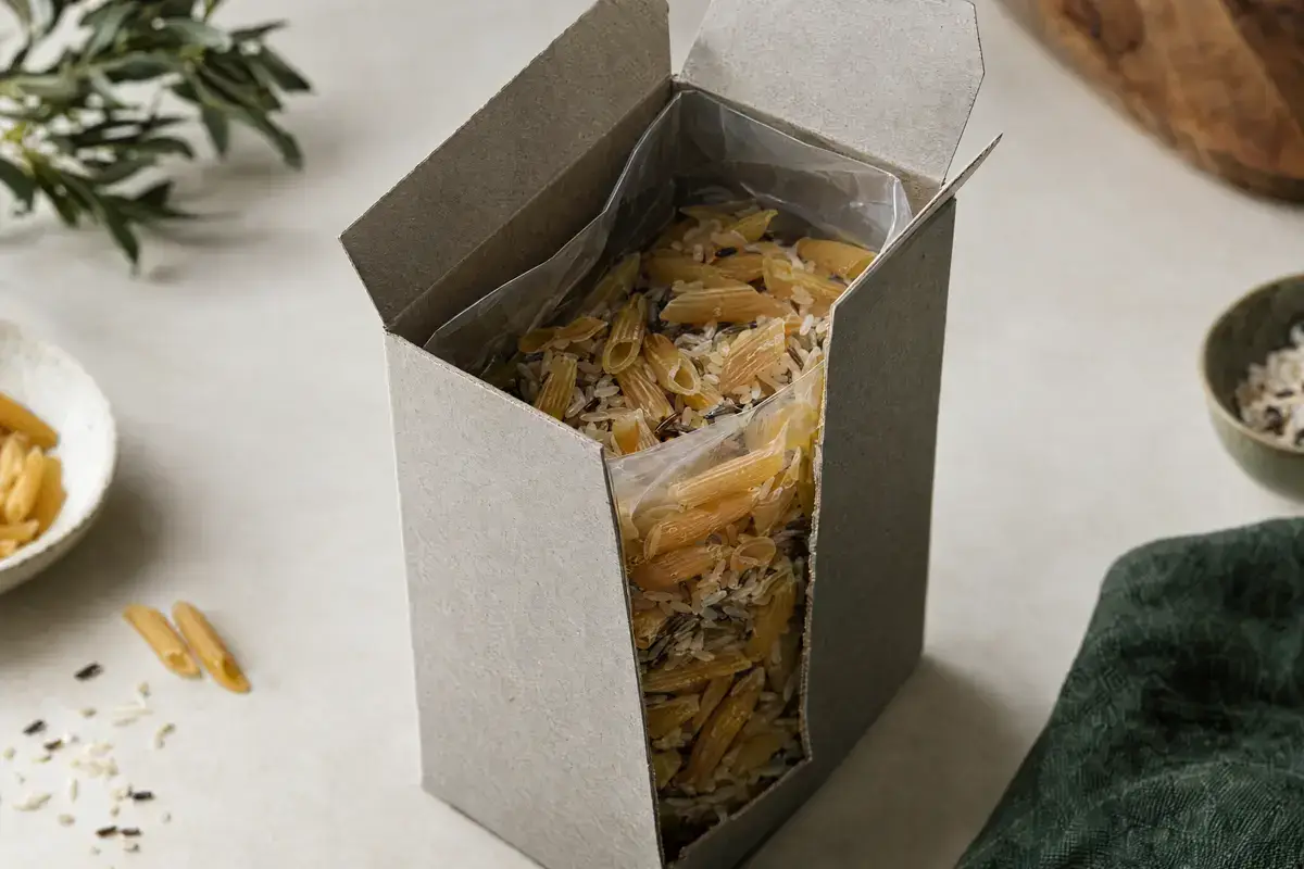 MOSH MOAH 2 Aufgeschnittene Recyclingkarton-Schachtel mit transparentem Innenbeutel voller Reis und Pasta