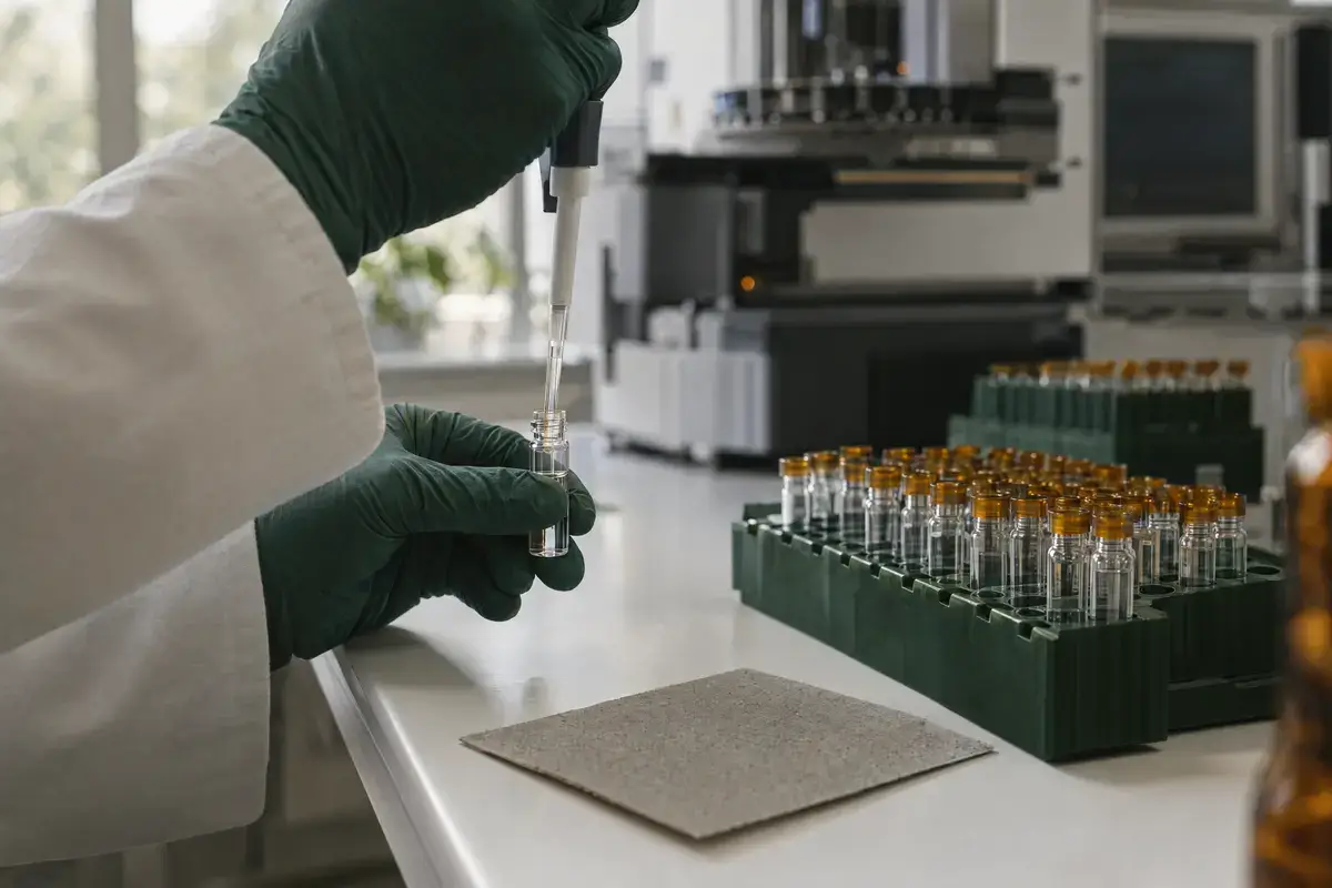 MOSH MOAH 4 Behandschuhte Hände pipettieren einen Extrakt in ein Probenfläschchen für die LC-GC-FID-Analyse