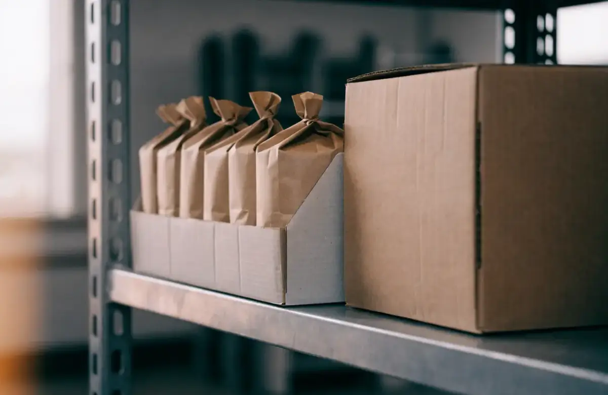 Verpackungsarten 3 Tray mit kleinen Papierbeuteln neben einem Umkarton auf einem Lagerregal als Beispiel für Umverpackungen