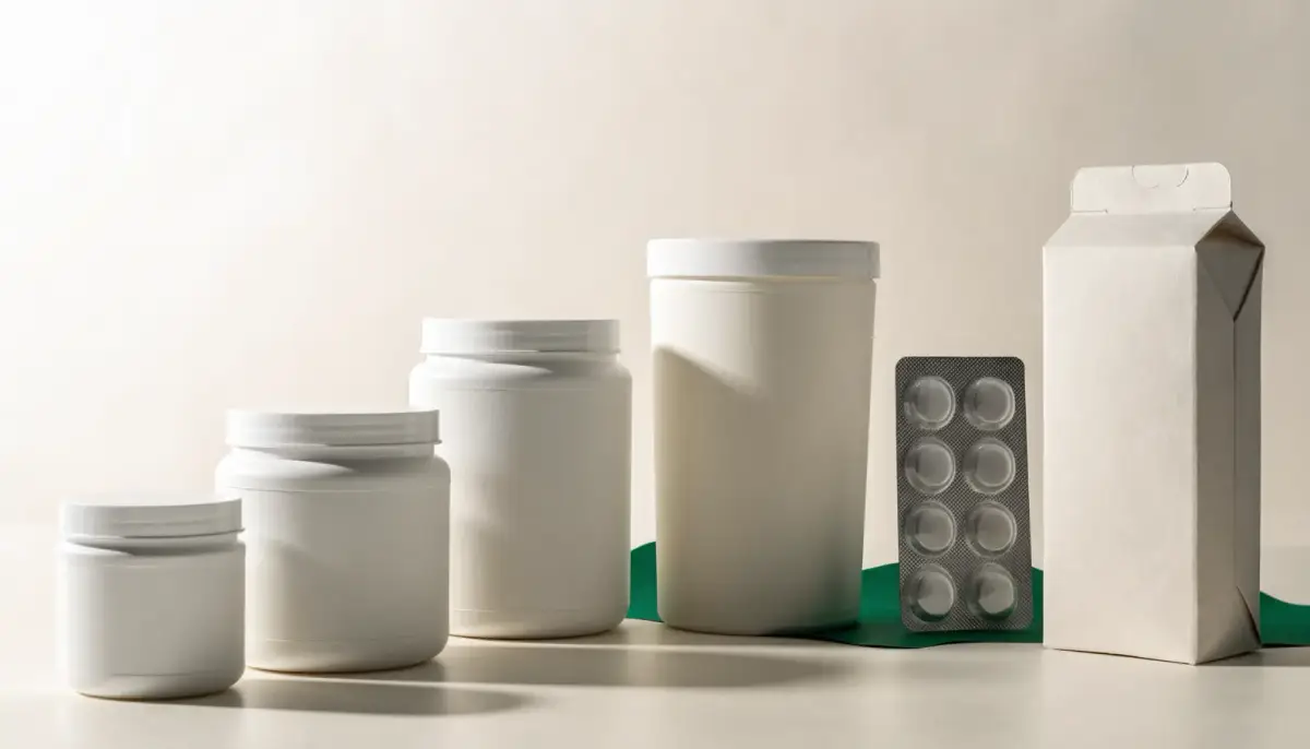Unbedruckte Dosen, Blister und Faltschachteln als Übersicht des Supplement-Sortiments für Eigenmarken