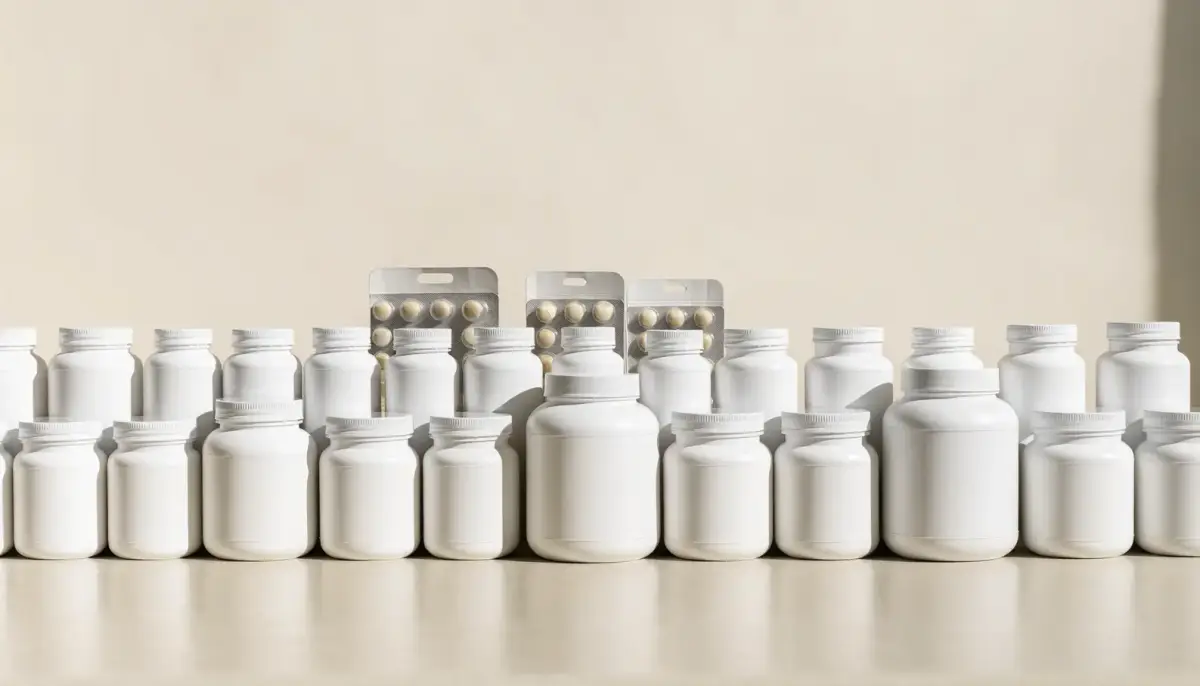 White Label Vitamine für die Eigenmarke: breite Reihe unbedruckter weißer Dosen in mehreren Größen
