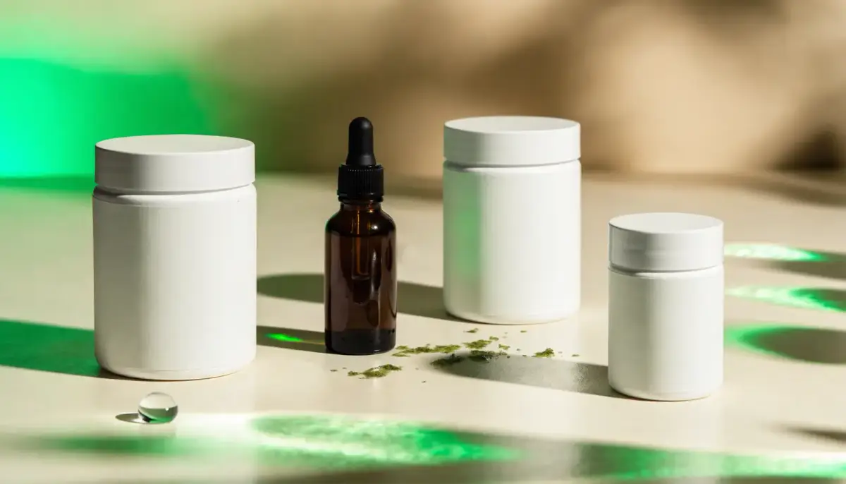 White Label Detox Supplement für die Eigenmarke: unbedruckte Dosen und Braunglasflasche in grünem Licht