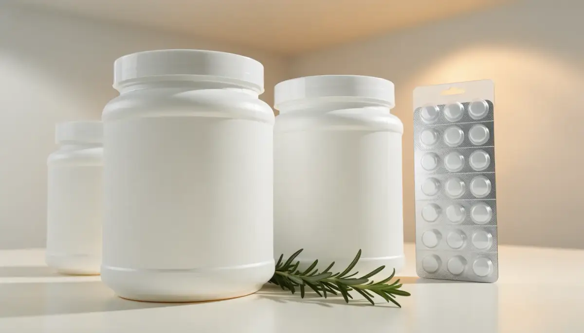 White Label Vitamin D und Immun-Supplements für die Eigenmarke: unbedruckte weiße Dosen und Faltschachtel in frischem Licht