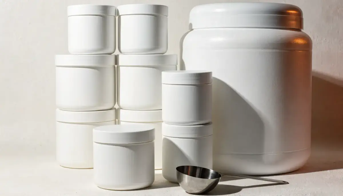 White Label Sport Supplements für die Eigenmarke: unbedruckte weiße Dosen und große Pulverdose im Studiolicht