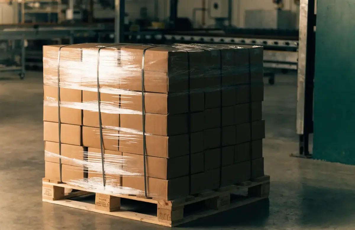 Verpackungsarten 4 Palettierte Umkartons mit Stretchfolie und Umreifungsband am Ende einer Abfülllinie