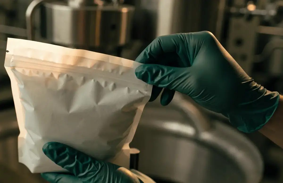 Verpackungsspezifikation 4 Behandschuhte Hände prüfen einen Standbodenbeutel mit Zipper vor einer Abfüllanlage