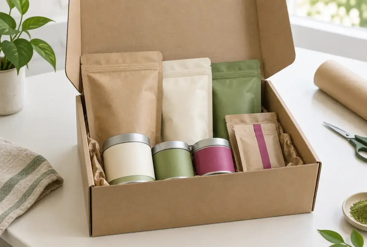 1-wellig-aufbau-eines-kartons 4 Offener 1-welliger Versandkarton mit einem Set aus Beuteln und Dosen auf einem Packtisch