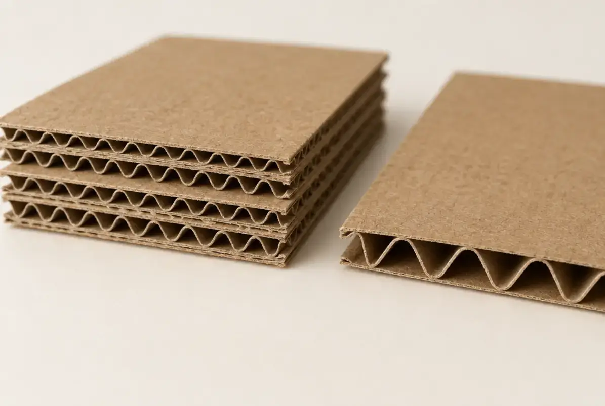 A-Welle - Aufbau eines Kartons 3 Dreiwellige Wellpappe mit hoher Welle im Querschnitt neben einem einwelligen Muster