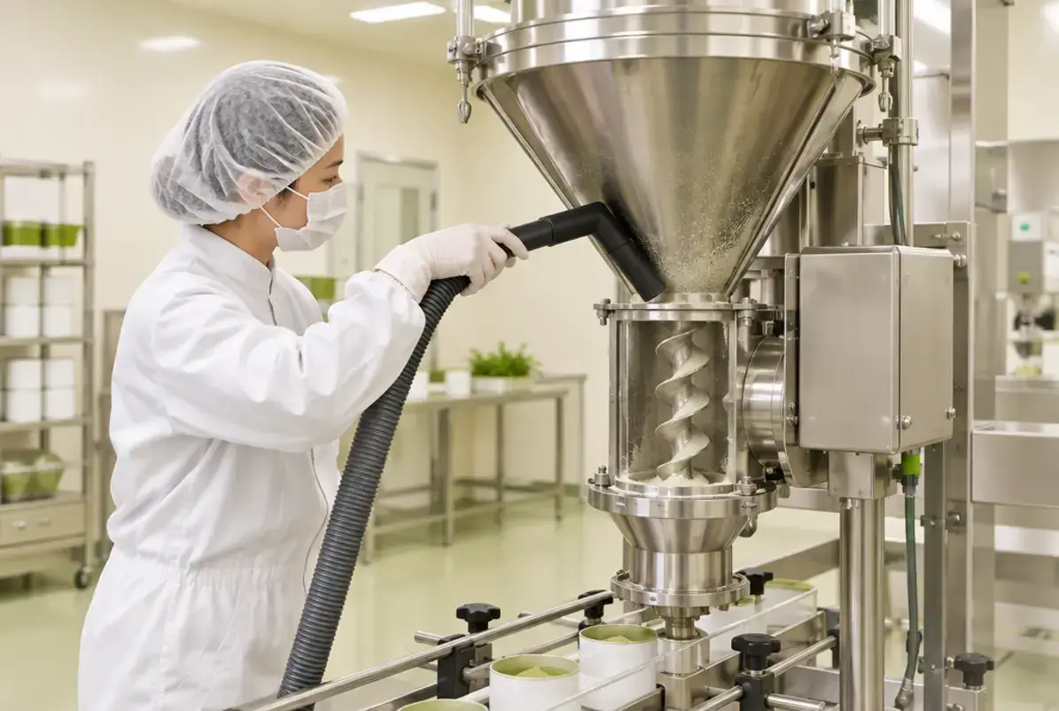 Allergene - Nahrungsmittel 4 Abfülllinie für Pulver beim Produktwechsel: Trichter und Dosierer werden trocken gereinigt