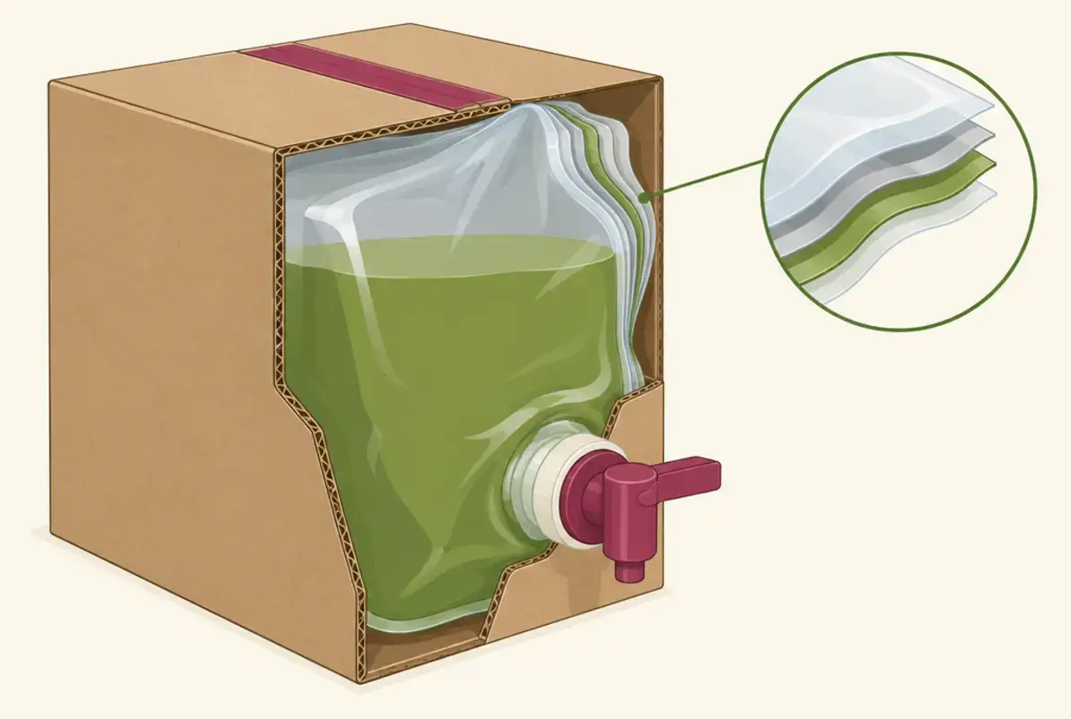 Bag-in-Box: Innenbeutel im Karton mit Zapfhahn für Flüssiges 4 Schnittdarstellung eines Bag-in-Box: Außenkarton, mehrschichtiger Innenbeutel und Zapfarmatur