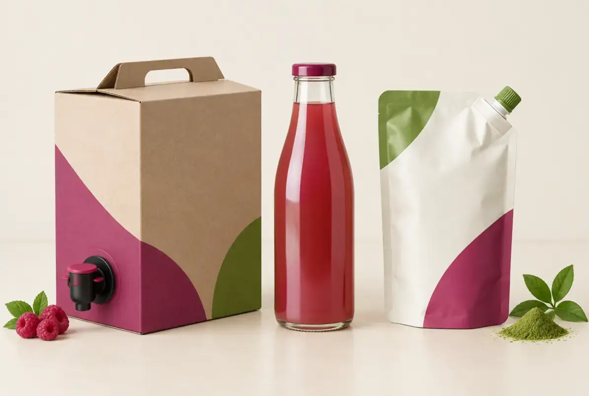 Bag-in-Box: Innenbeutel im Karton mit Zapfhahn für Flüssiges 3 Bag-in-Box neben Glasflasche und Standbodenbeutel mit Ausgießer im Vergleich