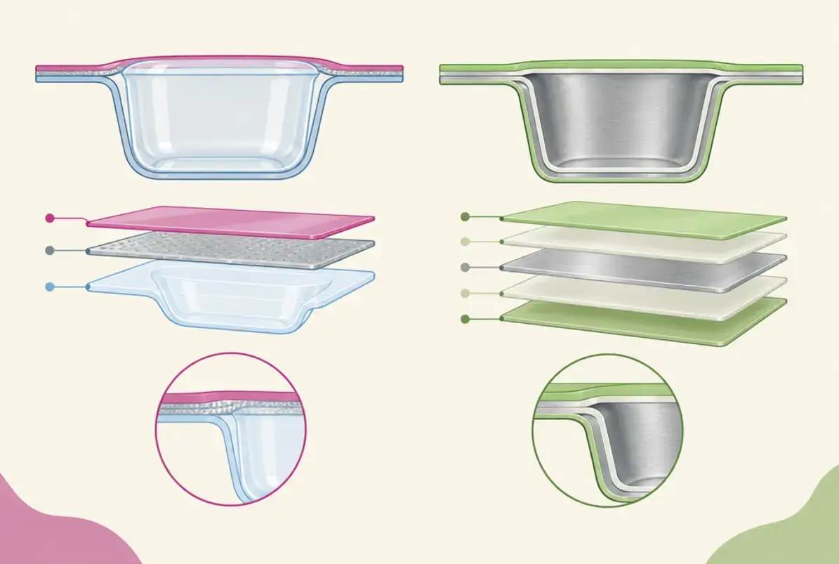 Blisterverpackung 2 Aufbau von Thermoform-Blister und Alu-Alu-Blister im Querschnitt: Bodenfolie, Kavität, Produkt und Deckfolie
