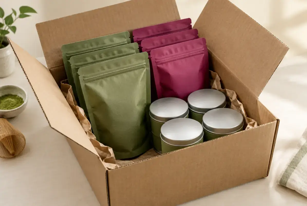 C-Welle - Aufbau eines Kartons 2 Versandkarton aus Wellpappe auf einem Packtisch, gefüllt mit einem Set aus Beuteln und Dosen