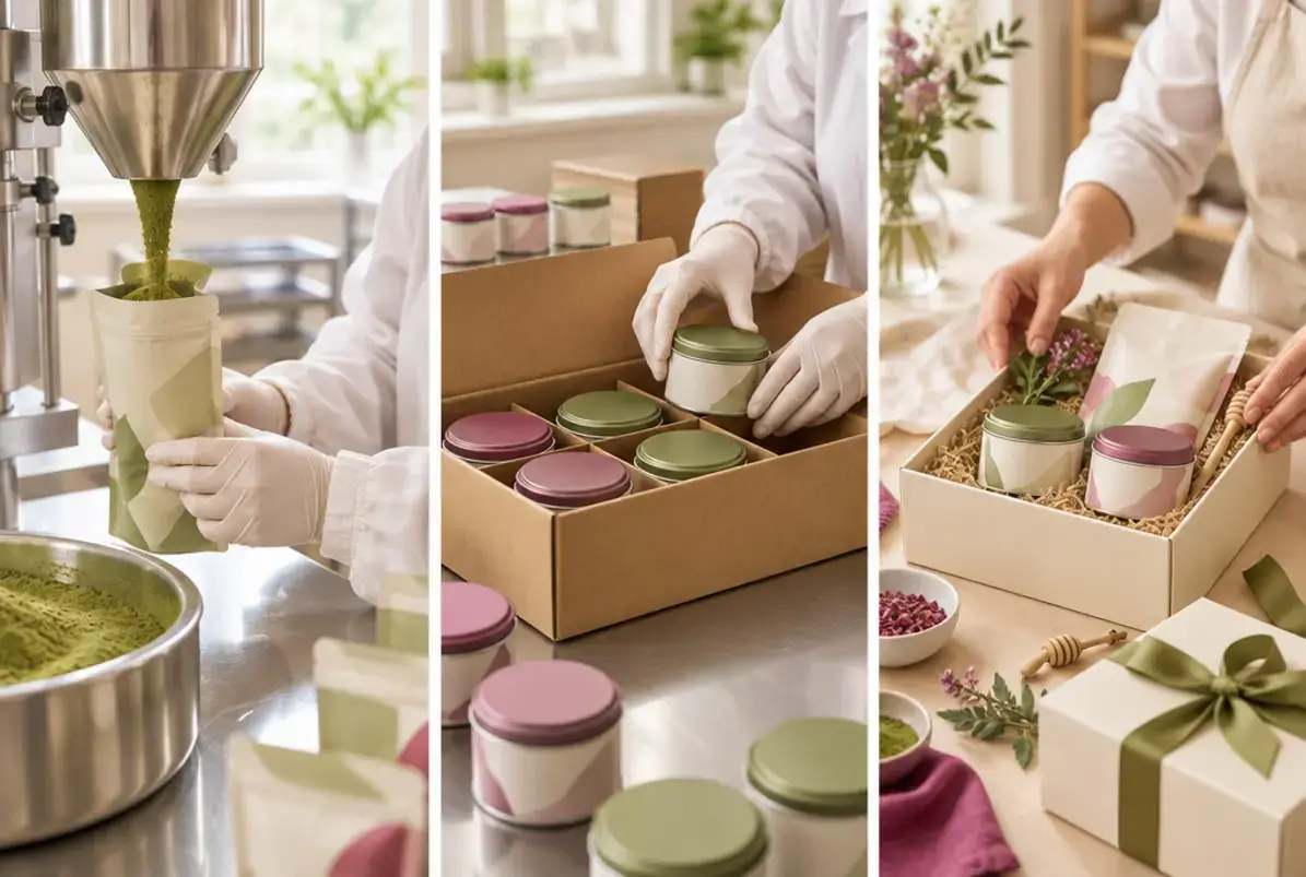 Co-Packing 2 Drei Arbeitsschritte nebeneinander: Füllgut wird abgefüllt, Ware wird verpackt, ein Set wird zusammengestellt