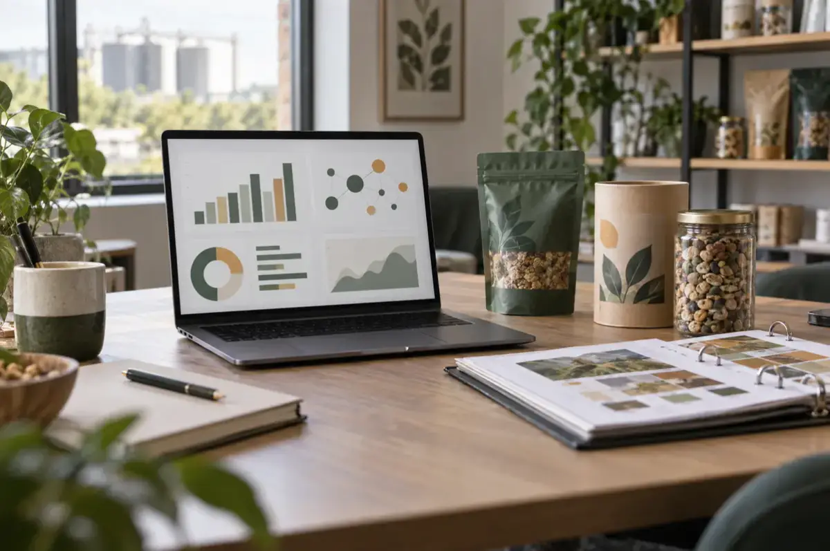 Digitaler Produktpass 4 Laptop mit abstraktem Daten-Dashboard neben Verpackungsmustern im Qualitätsbüro