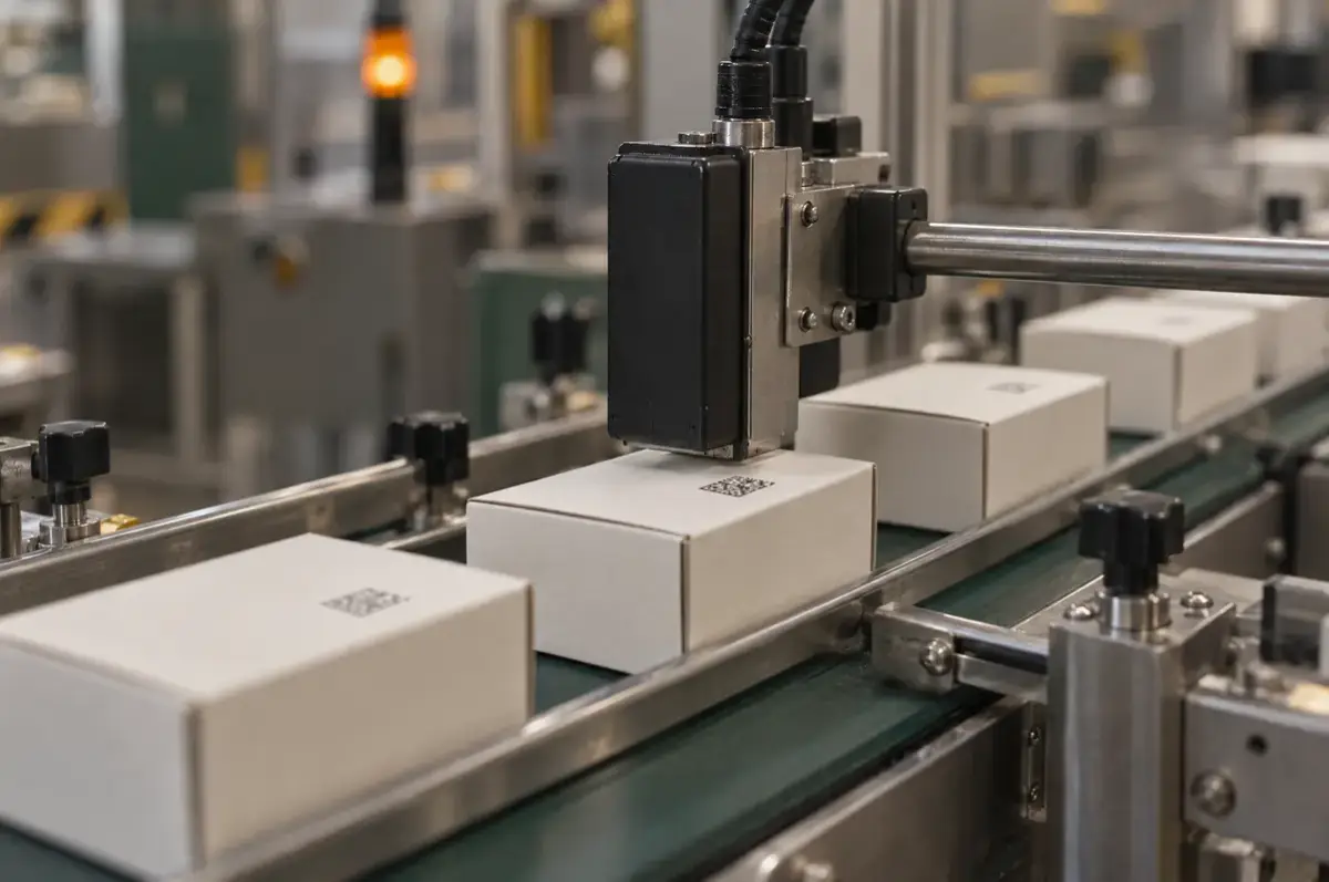 Digitaler Produktpass 3 Inkjet-Drucker bringt einen zweidimensionalen Code auf Faltschachteln an einer Verpackungslinie auf