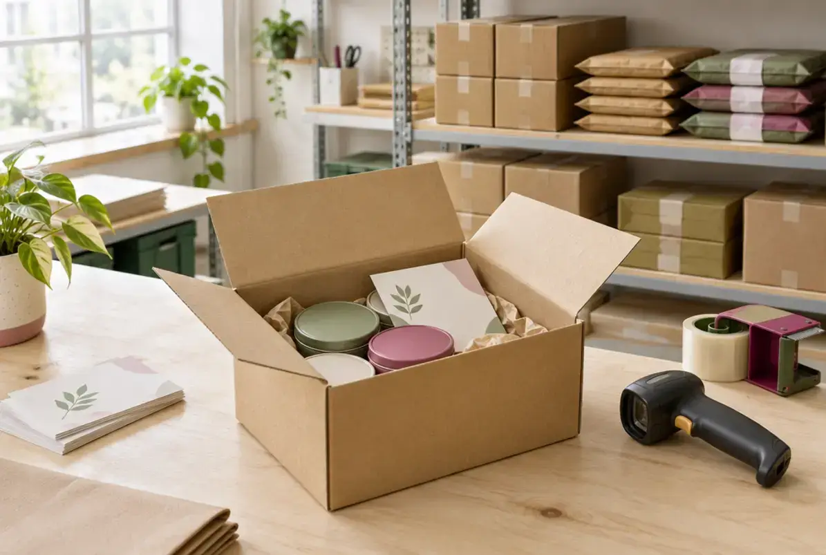 E-commerce 4 Packplatz mit Versandkarton, Beileger und Scanner für Onlinebestellungen