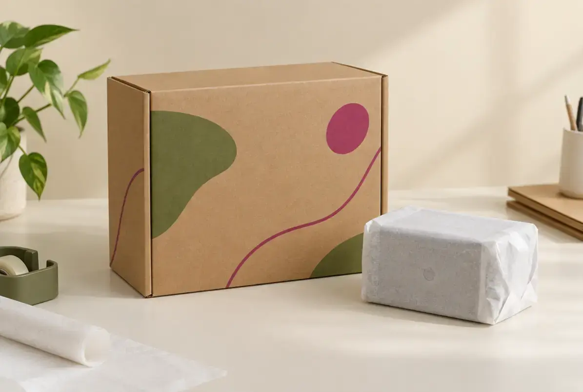 EB-Welle - Aufbau eines Kartons 4 Bedruckter Versandkarton aus zweiwelliger Wellpappe mit glatter Oberfläche neben einem Gerät in Schutzfolie auf einem Packtisch