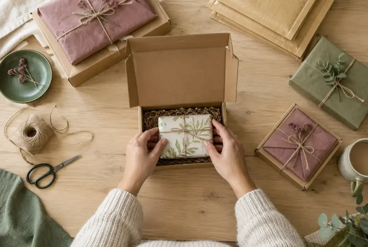 E-commerce 2 Artikel werden an einem Packtisch für einen Onlineshop in Versandkartons gepackt