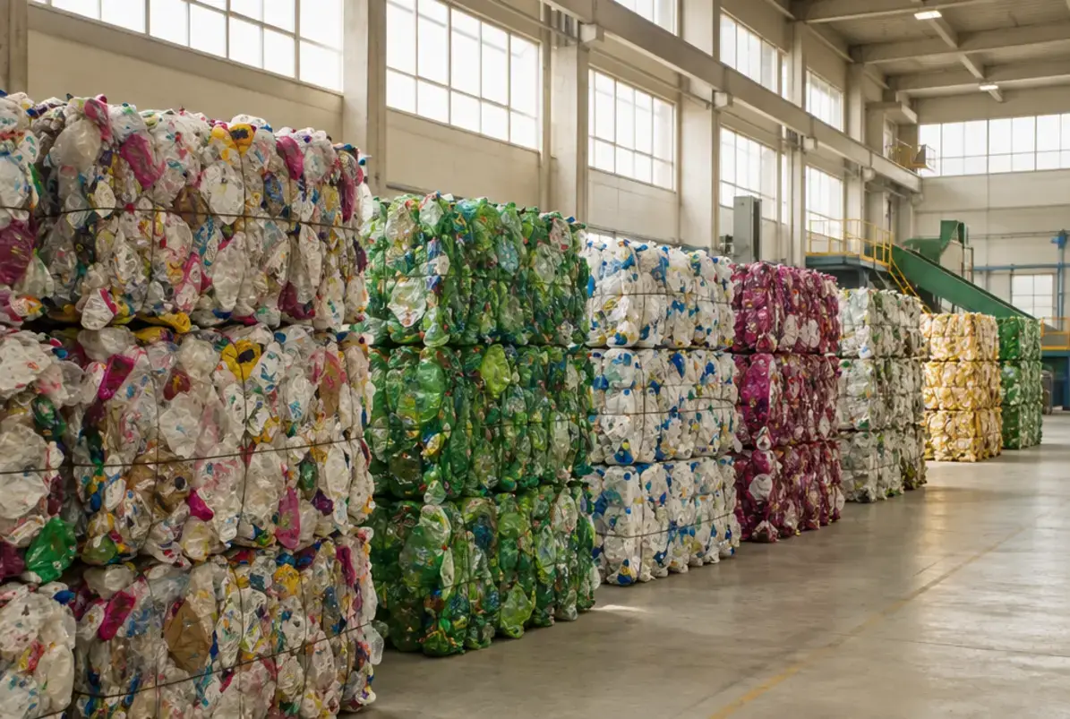 Erweiterte Herstellerverantwortung (EPR) – Definition und Bedeutung im Verpackungsrecht 4 Sortierte Ballen aus Kunststoffverpackungen in einer Recyclinganlage