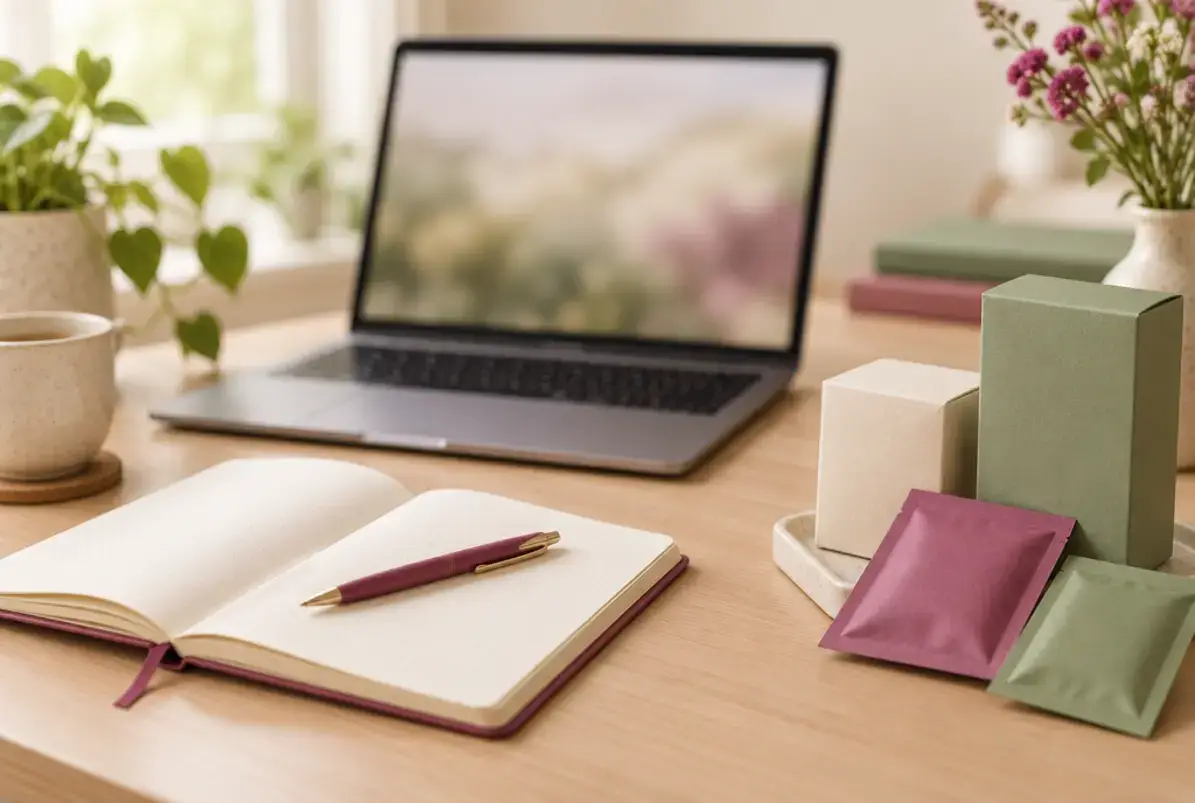 Erweiterte Herstellerverantwortung (EPR) – Definition und Bedeutung im Verpackungsrecht 3 Laptop und Notizbuch mit Verpackungsmustern auf einem Schreibtisch bei der Registrierung im Verpackungsregister