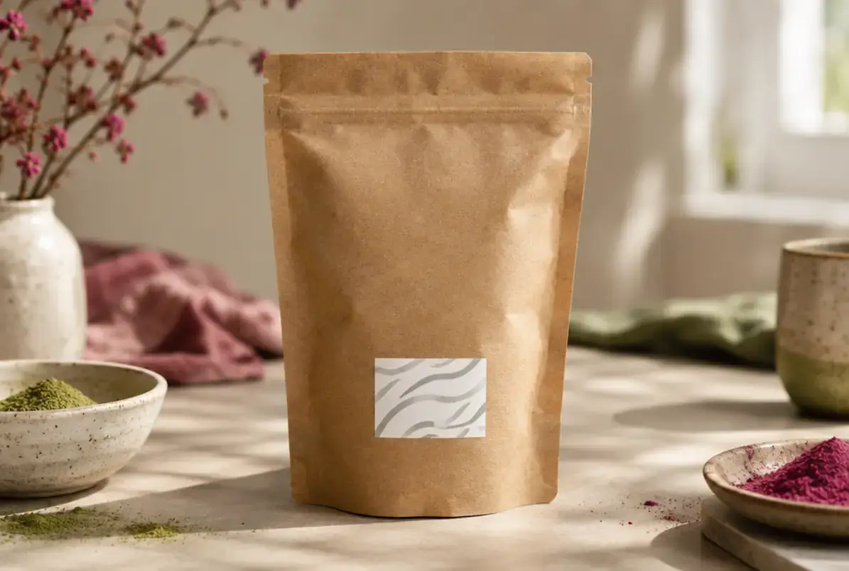 Etikettierung 4 Weißes Etikett auf einem Kraftpapier-Standbodenbeutel für Chargencode und Mindesthaltbarkeitsdatum