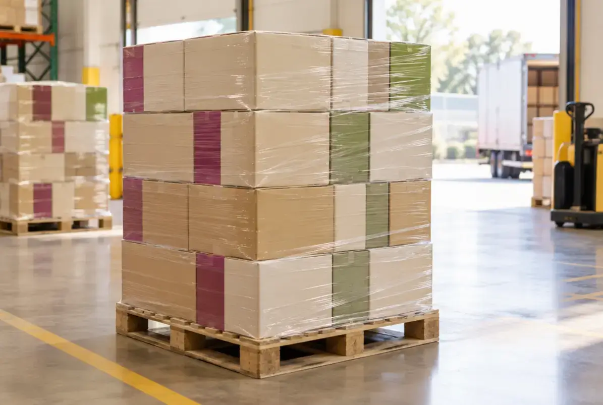 Fulfillment für Amazon FBA 3 Versandfertige Kartons auf einer Palette im Warenausgang
