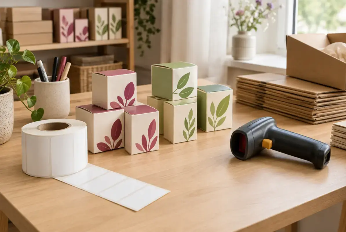 Fulfillment für Amazon FBA 4 Packtisch mit Artikeln, Etikettenrolle und Handscanner für die FBA-Vorbereitung